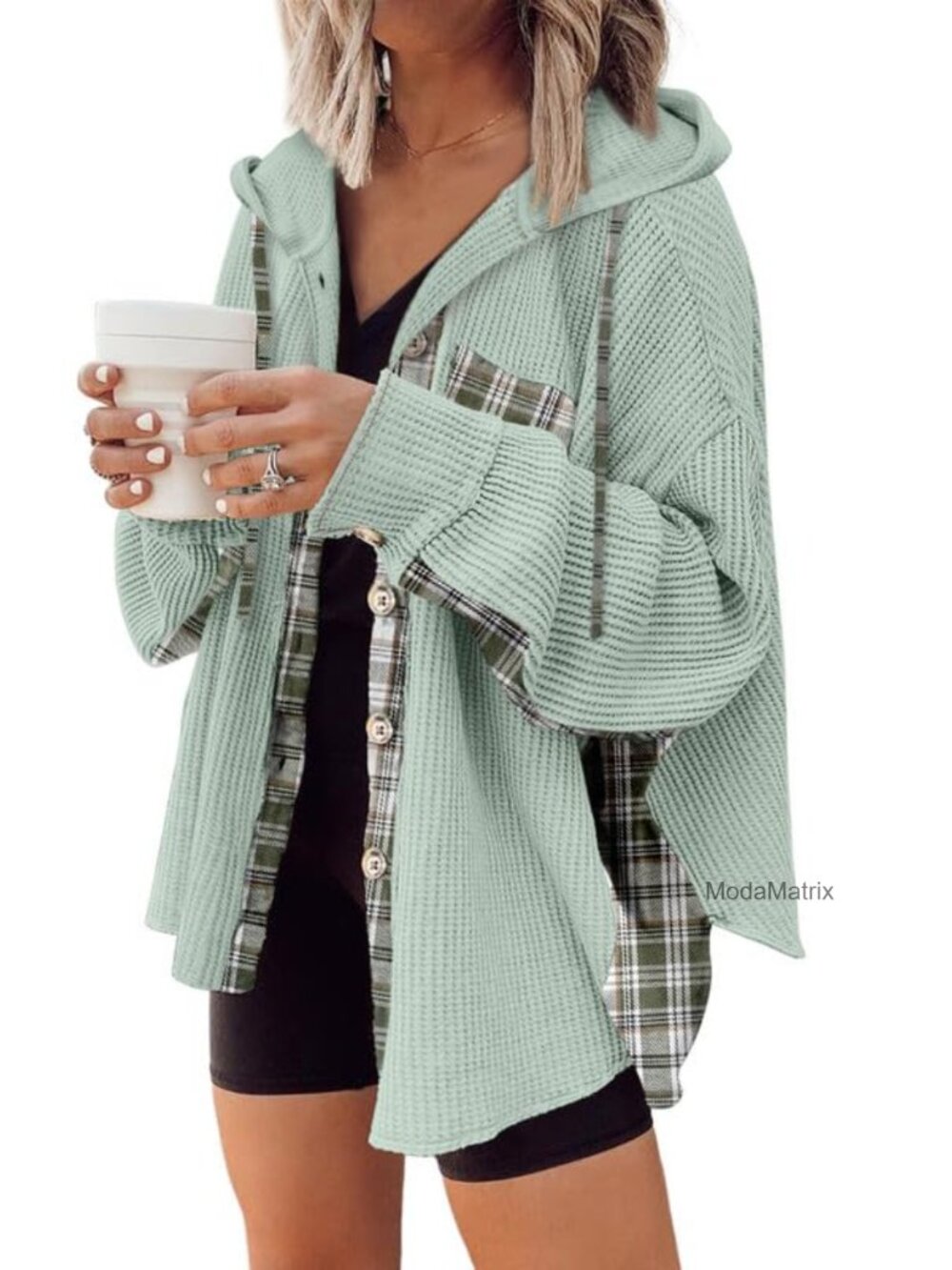 Waffle Knit Plaid Shacket Button Down Hooded Jacket Loose Fit